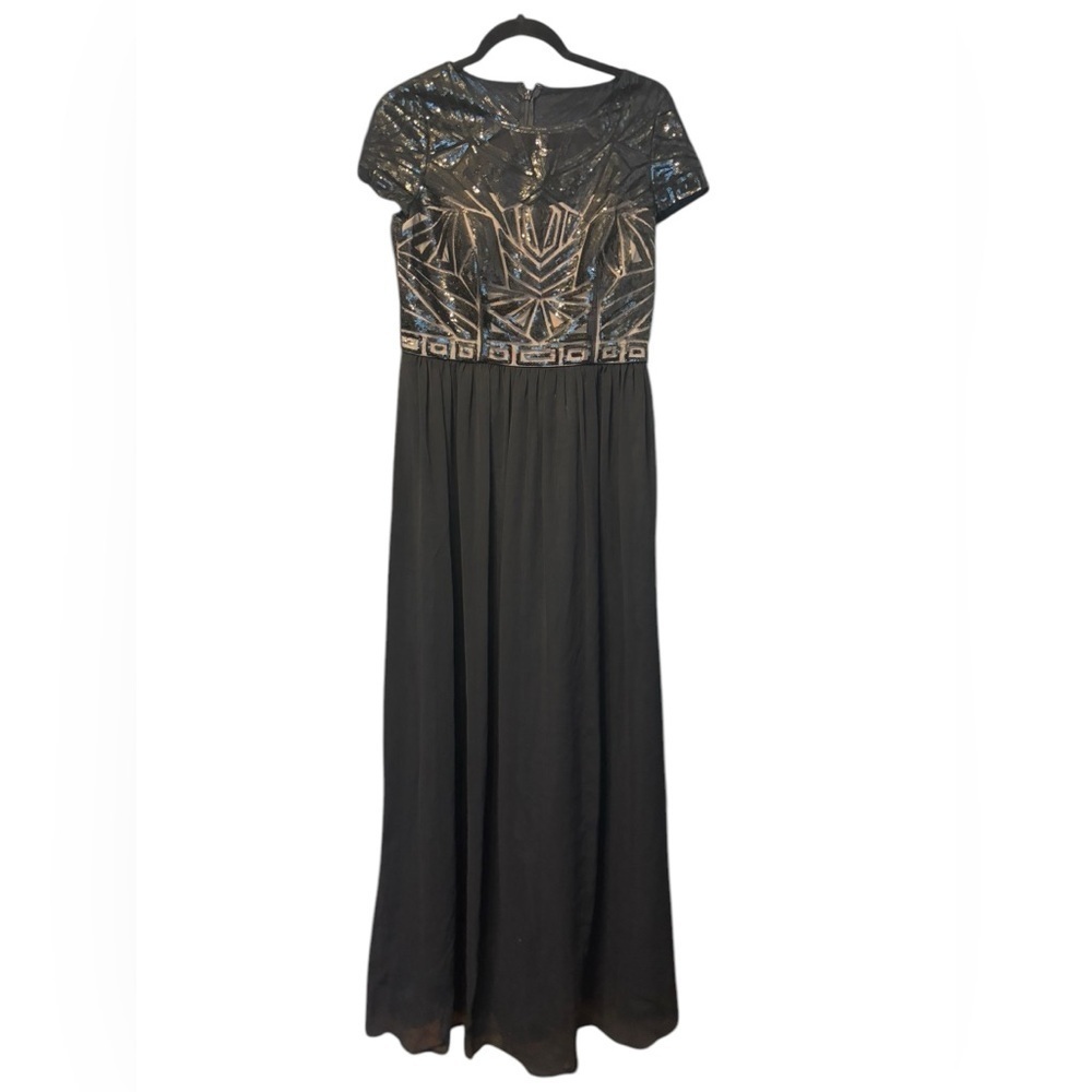 Decode Black Sequin Nude Lining Cap Sleeve Top Chiffon Flowy Skirt Gown Size 10